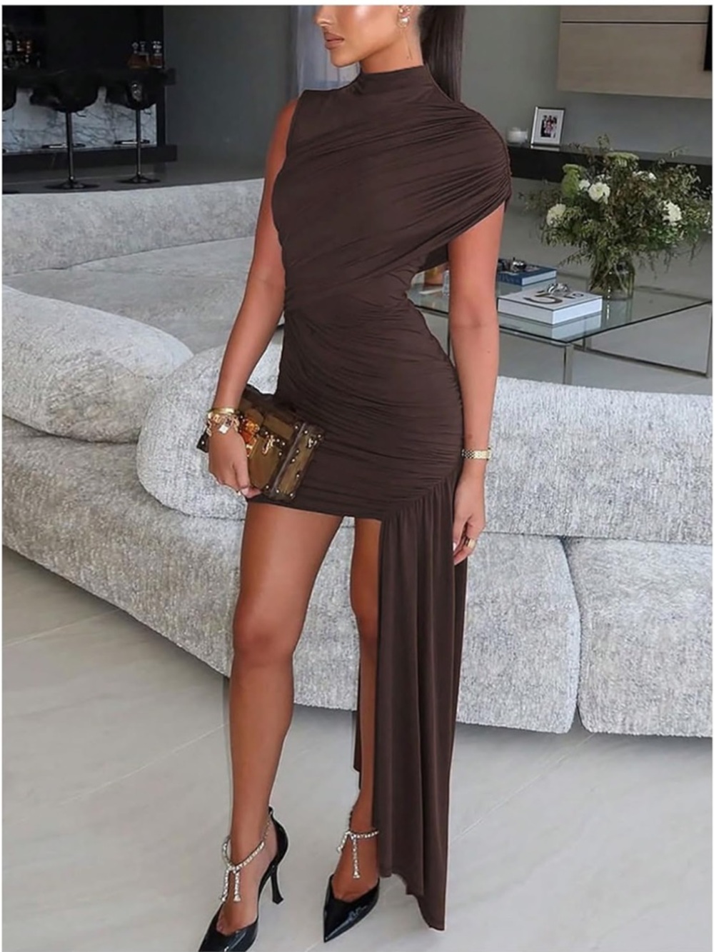 Brown One-Shoulder Asymmetric Midi Dress